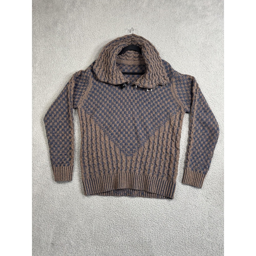 COOFANDY Sweater Mens Large Brown Blue Buckle Cowl Neck Cable Knit Checkered Y2K